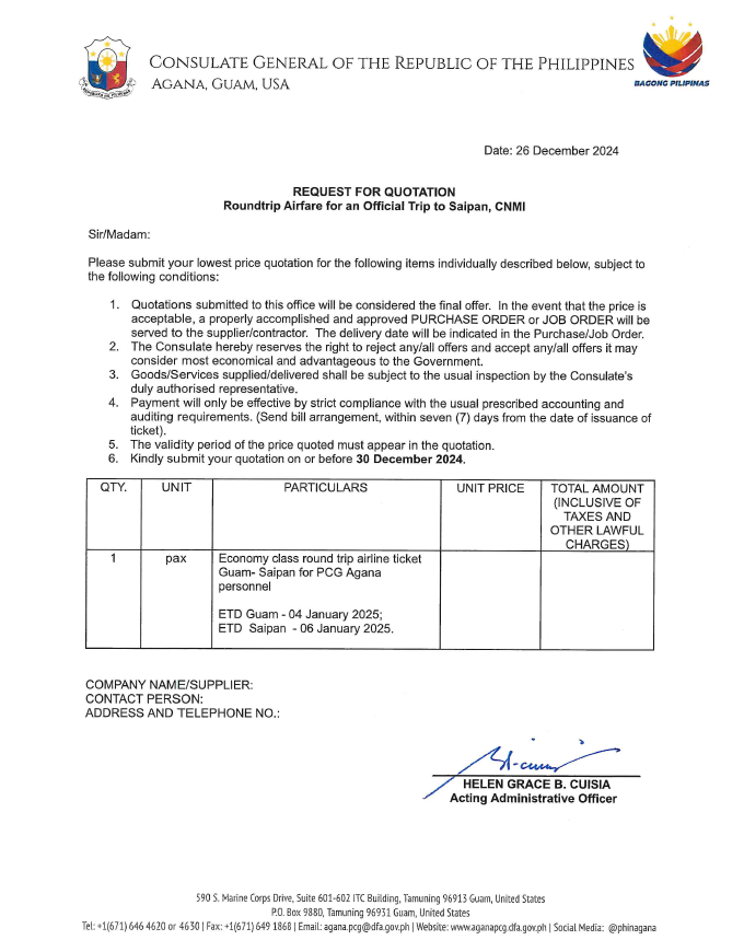 1 RFQ Roundtrip Airfare for Saipan CNMI