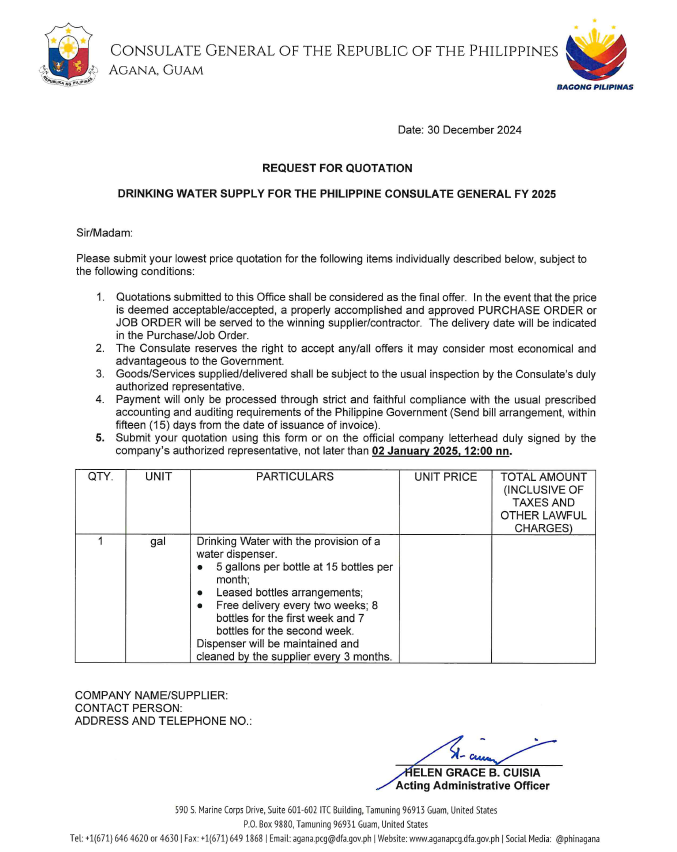 RFQ Drinking Water Supply 2025