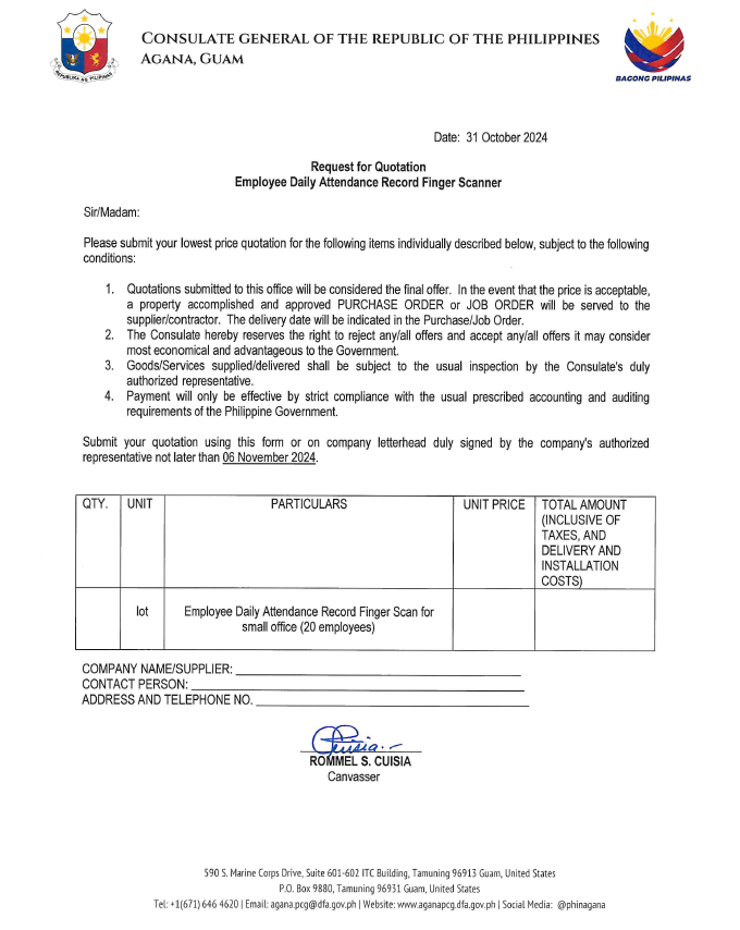 RFQ Employee Daily Attendance Record Finger Scanner