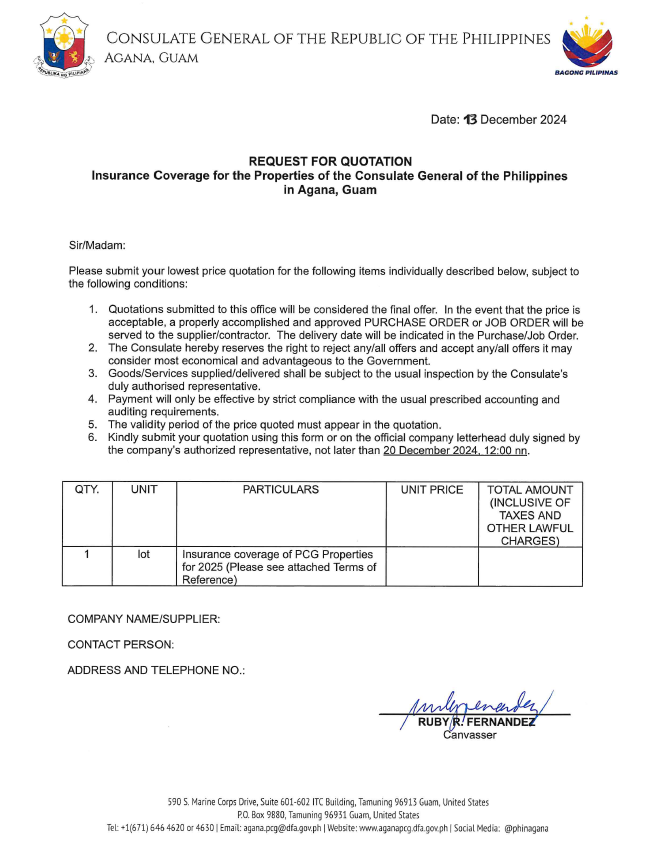 RFQ Insurance Coverage of Agana PCG Properties