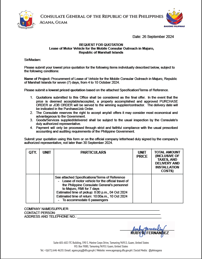 RFQ Lease of Motor Vehicle Majuro RMI