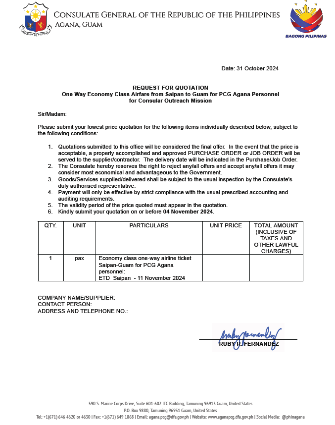 RFQ One Way Economy Class Airfare from Saipan to Guam for PCG Agana Personnel