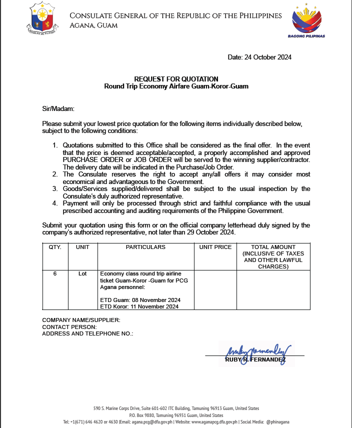 RFQ RoundTripEconomyAirfare Palau