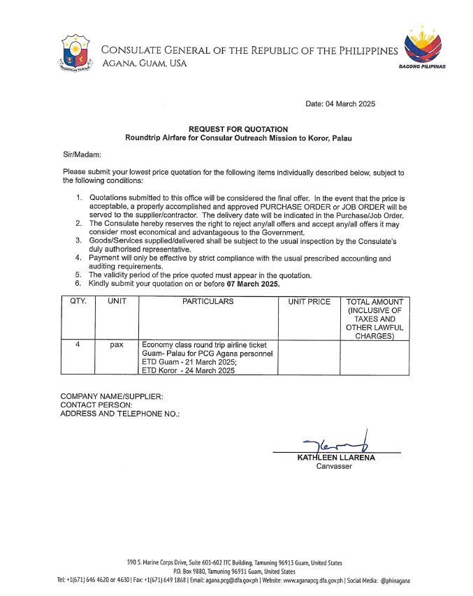 325 RFQ Airfare for COM in Koror Palau