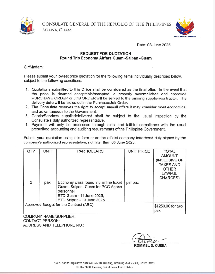 625 RFQ Roundtrip Economy Airfare for Saipan