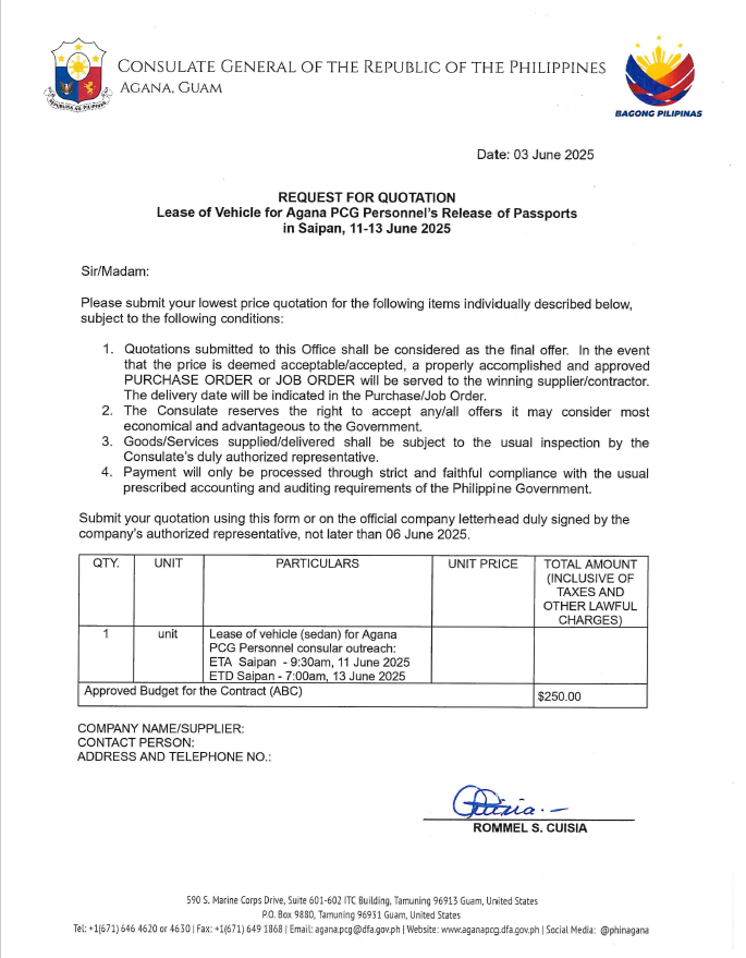 625 RFQ LOV for Agana PCG Personnel to Saipan