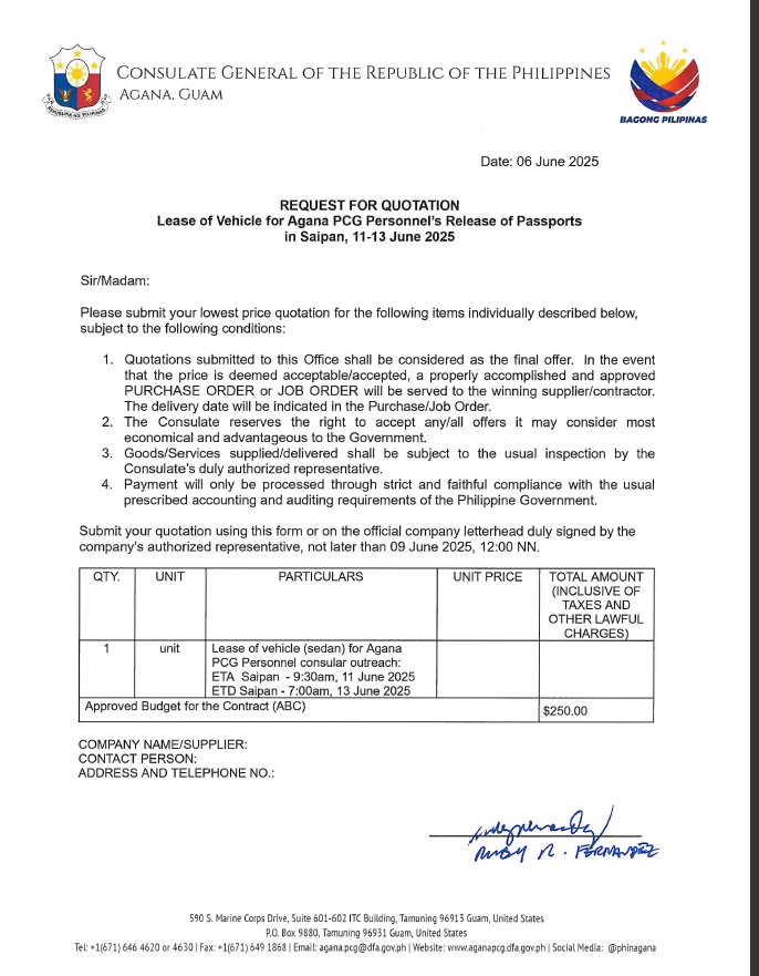 Request for Quotation Lease of Vehicle for Saipan in June 2025