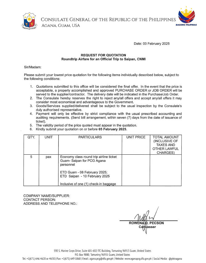 RevRFQ Airfare for Saipan 08 10 February 2025