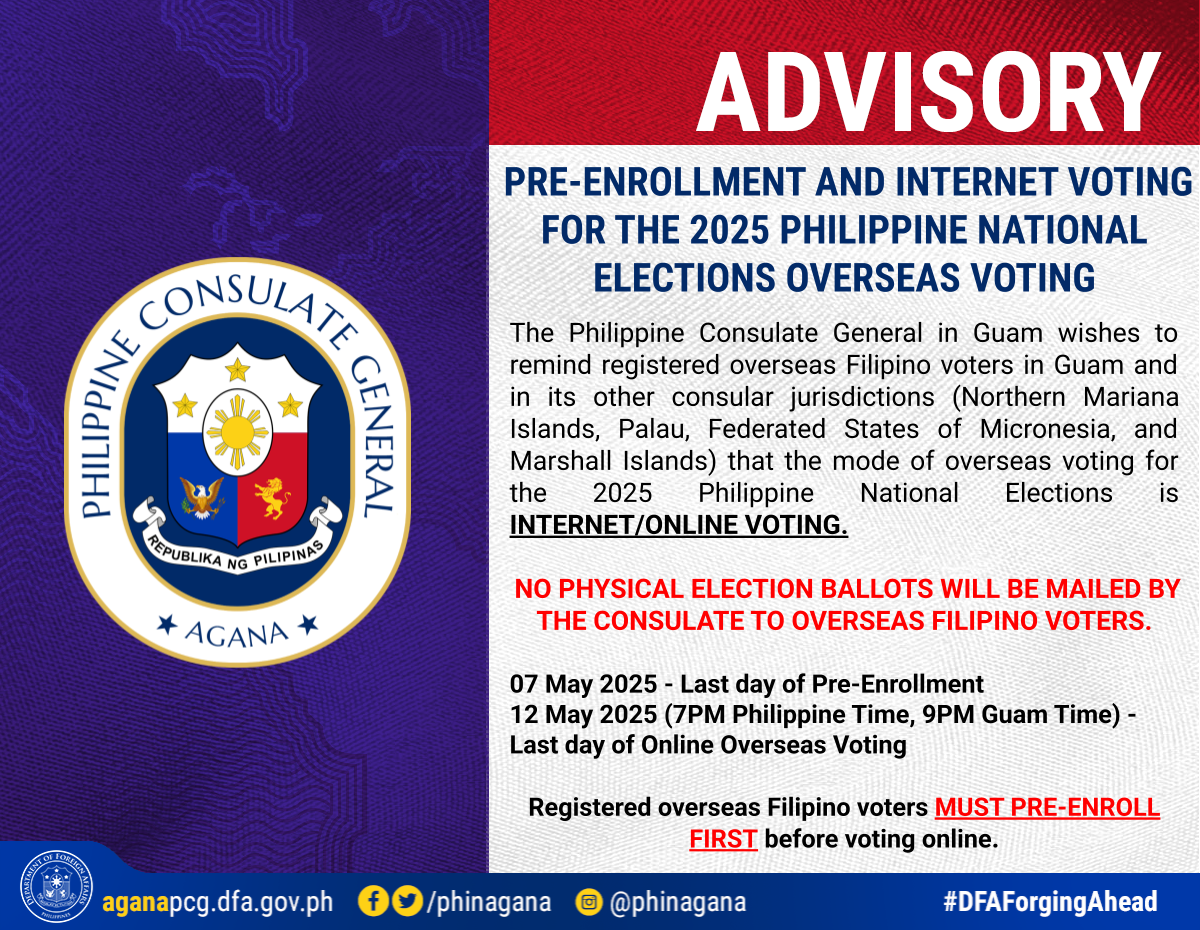 Reminder for Pre enrollment and Internet Voting for the 2025 Philippine National Elections Overseas Voting