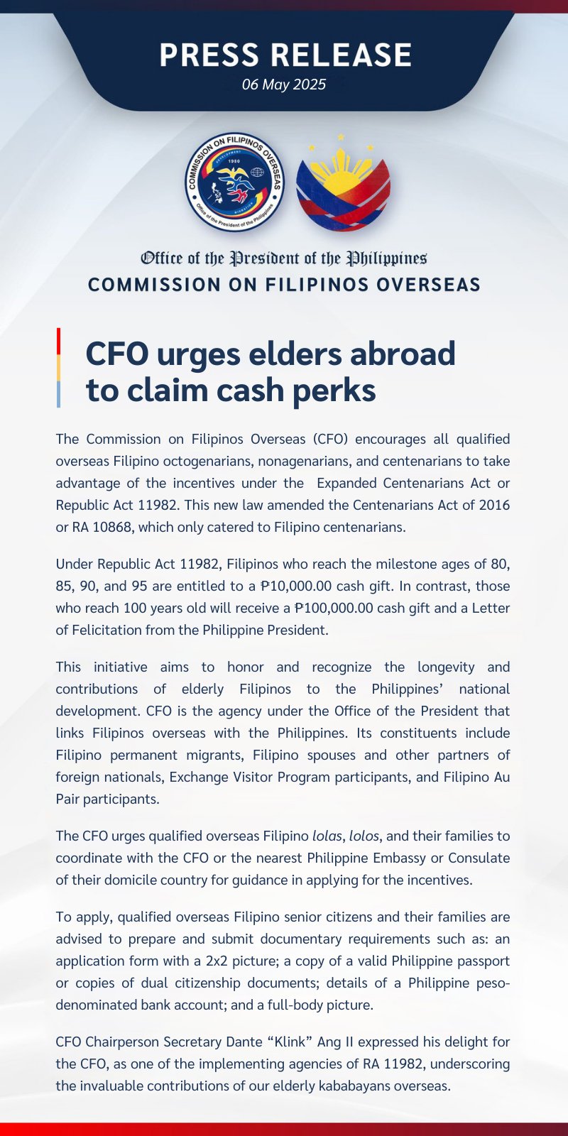 CFO urges elders abroad to claim cash perks